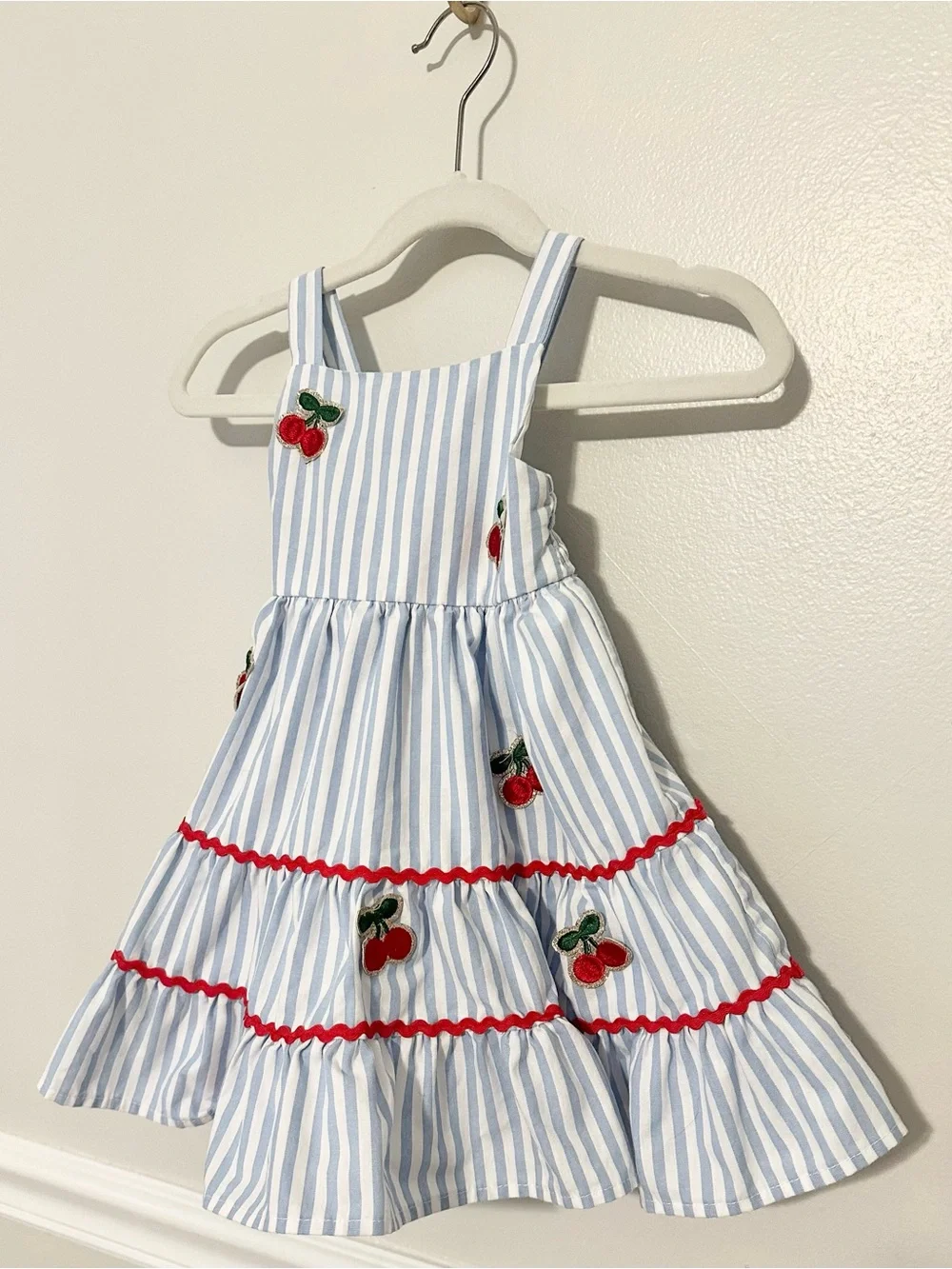 Rueveri Baby Girl Cherry Dress 18M Blue Stripe Tiered Sundress